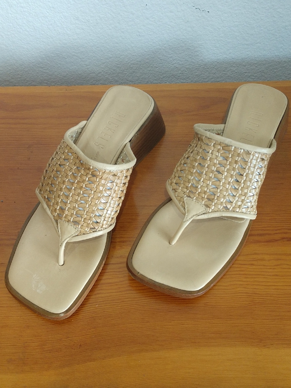 Nickels Woven Tan Thong Mules with Block Heel